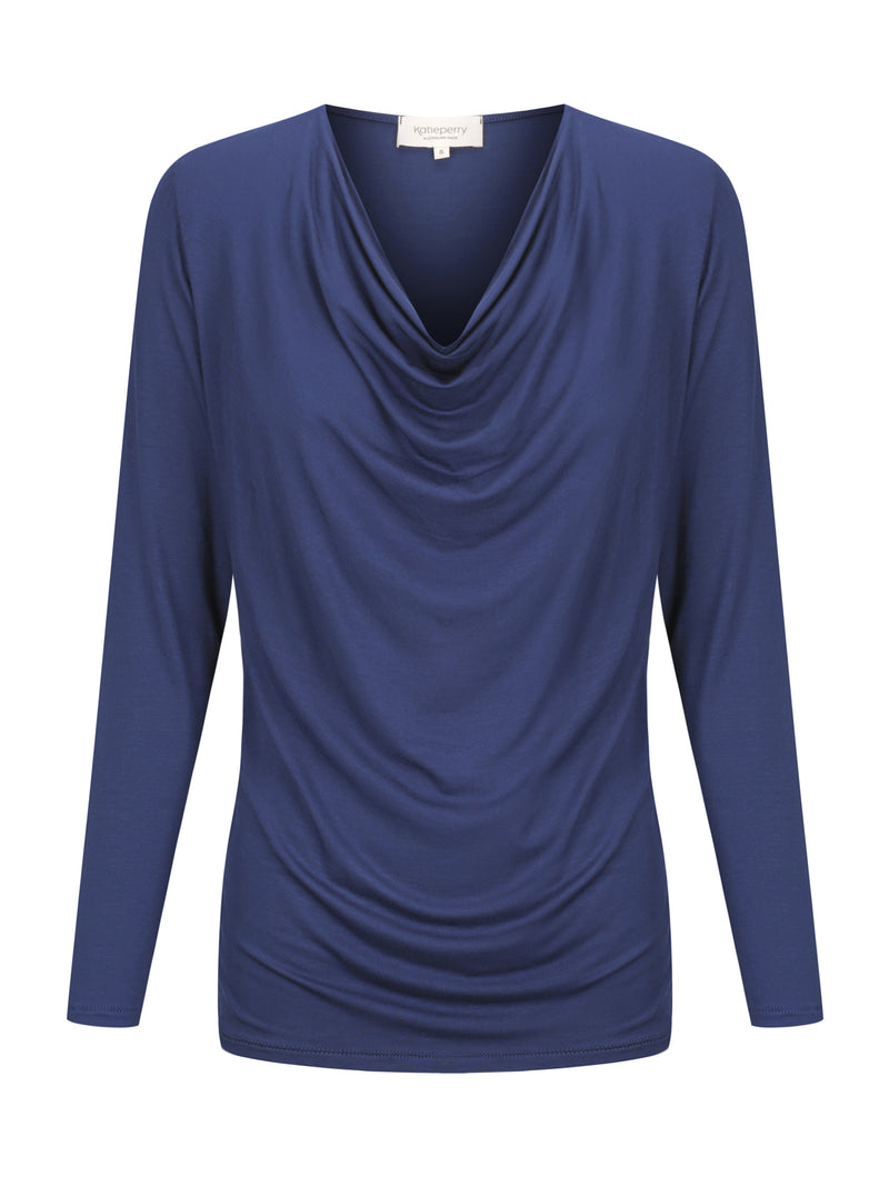 Tuscany Long Sleeve Cowl Neck Tops — Midnight Blue