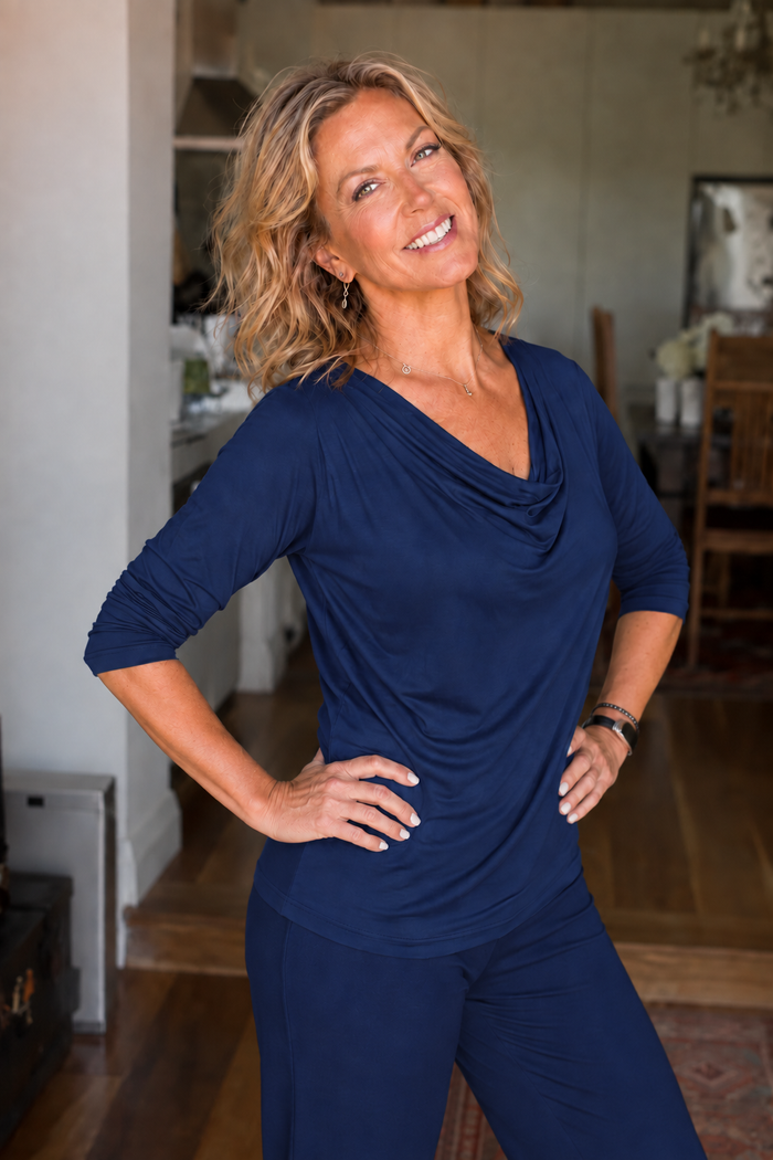 Tuscany Bamboo Long Sleeve Cowl Neck Tops — Midnight Blue