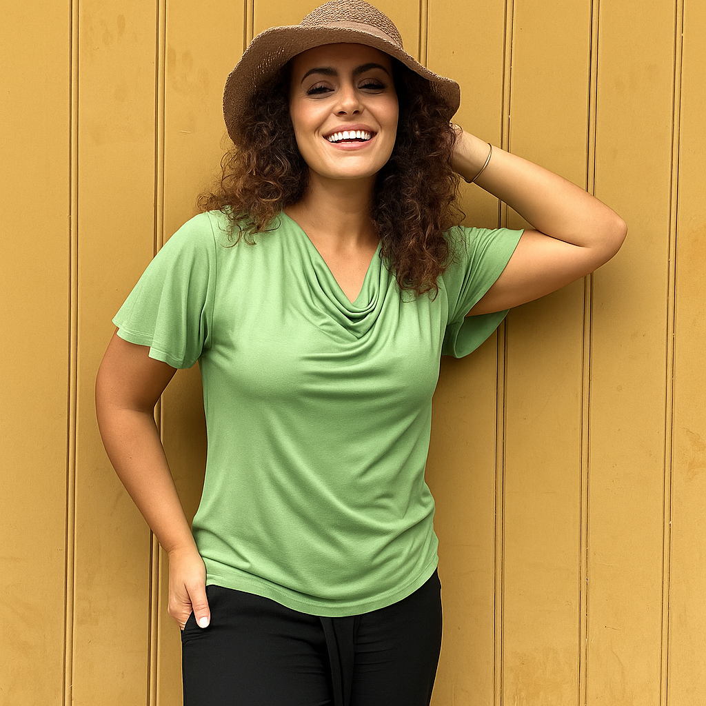 Verona Short-Sleeve Cowl Neck Top — Moss Green