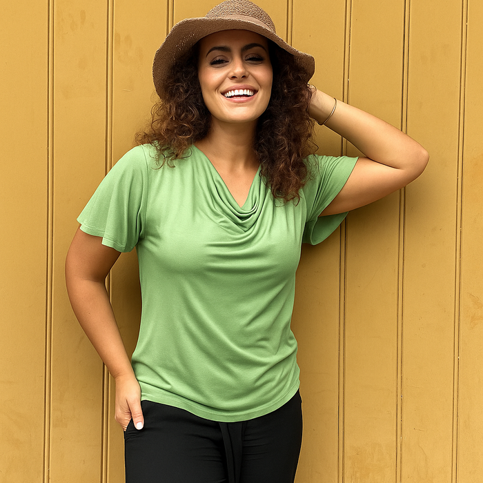 Verona Short-Sleeve Cowl Neck Top — Moss Green