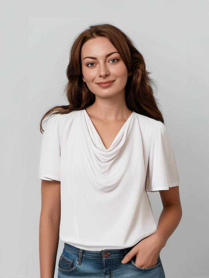 *PREORDER* Verona Short Sleeve Cowl Neck-White