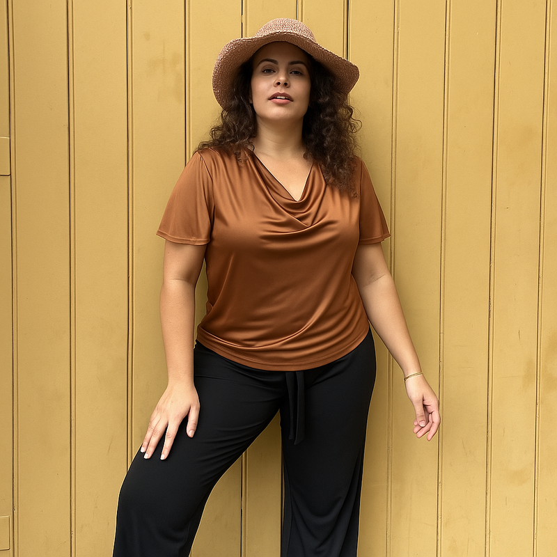 Verona Short-Sleeve Cowl Neck Top — Bronze
