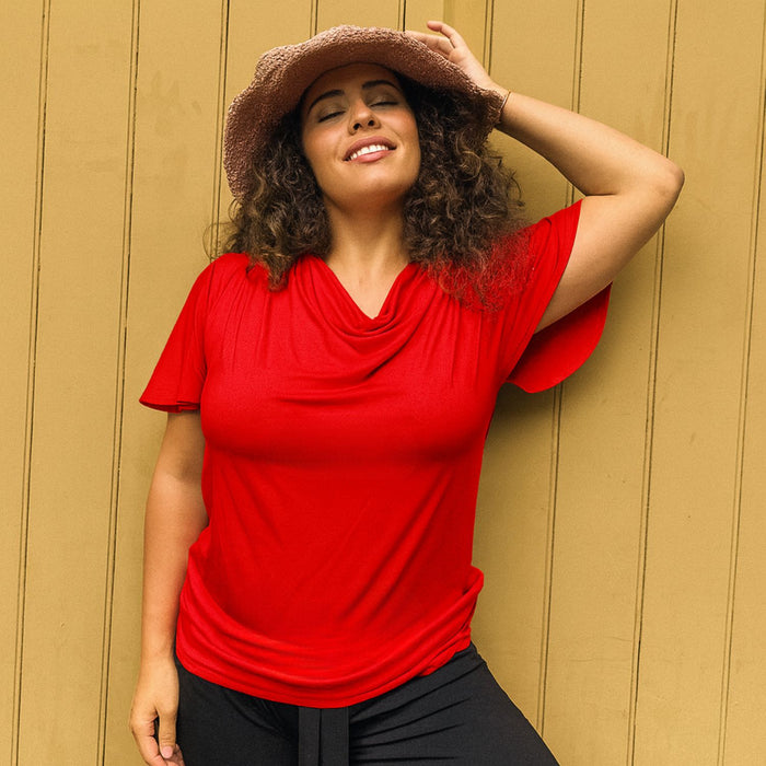 *PRE-ORDER * Verona Short-Sleeve Cowl Neck Top — Flame Red