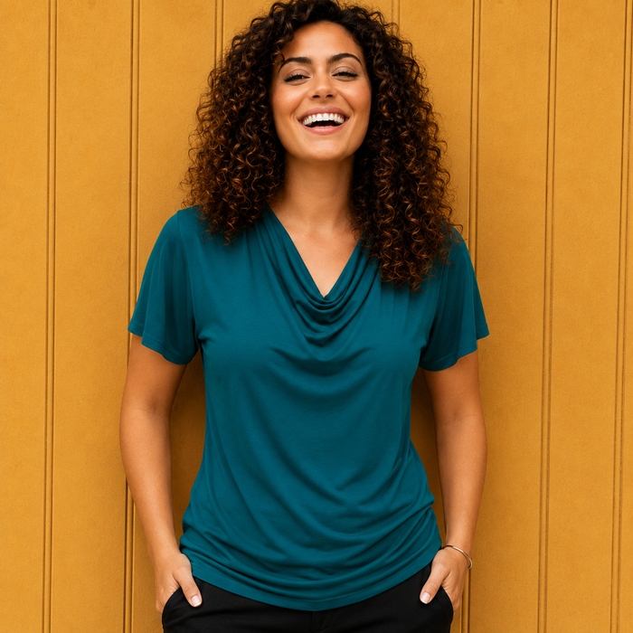 Verona Short-Sleeve Cowl Neck Top — Sea Green