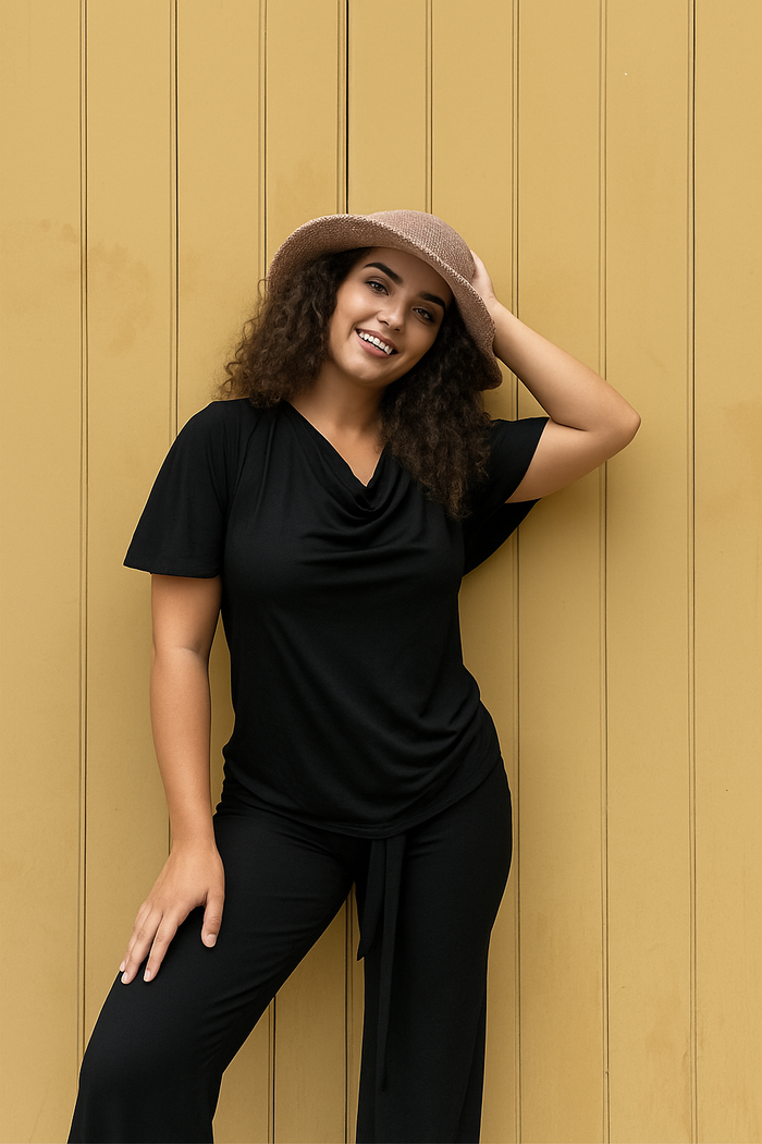 Verona Short-Sleeve Cowl Neck Top — Black