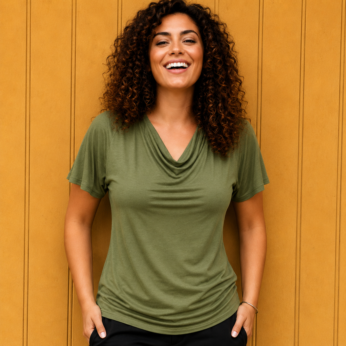 Verona Short Sleeve Cowl Neck- Khaki
