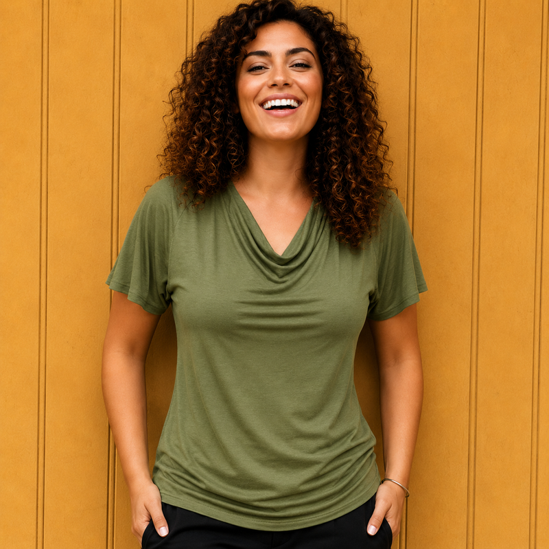 Verona Short Sleeve Cowl Neck- Khaki